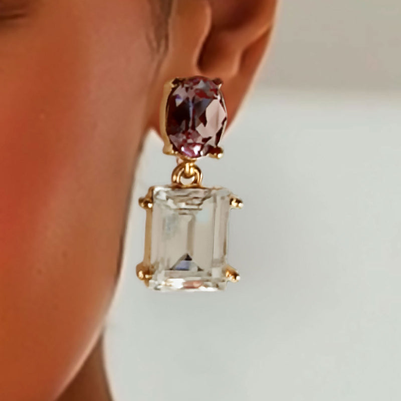 Oscar de la Renta Gold Plated Light Amethyst Crystal Rectangle Drop Post Earrings