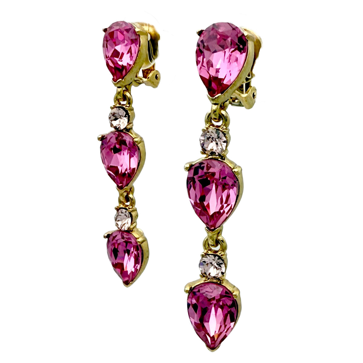 Oscar de la Renta Rose Pink Swarovski Crystal Drop Clip Earrings – Gold Plated
