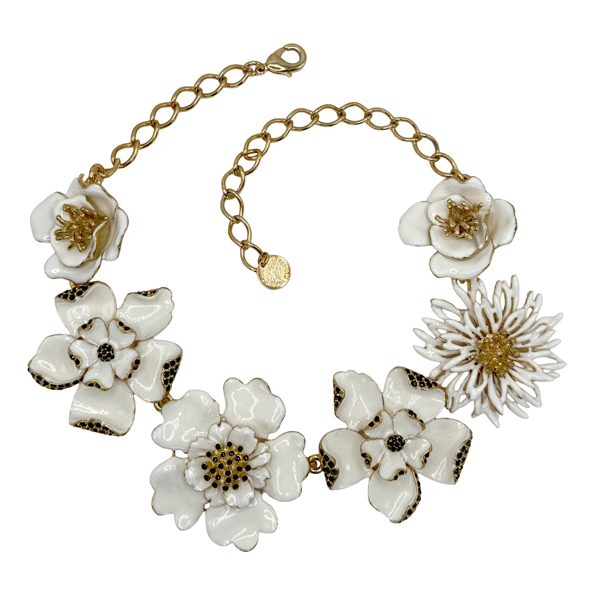 Carolina Herrera Gold Plate White Enamel Multi-Flower Black Crystal Bib Necklace