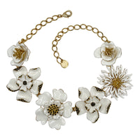 Carolina Herrera Gold Plate White Enamel Multi-Flower Black Crystal Bib Necklace