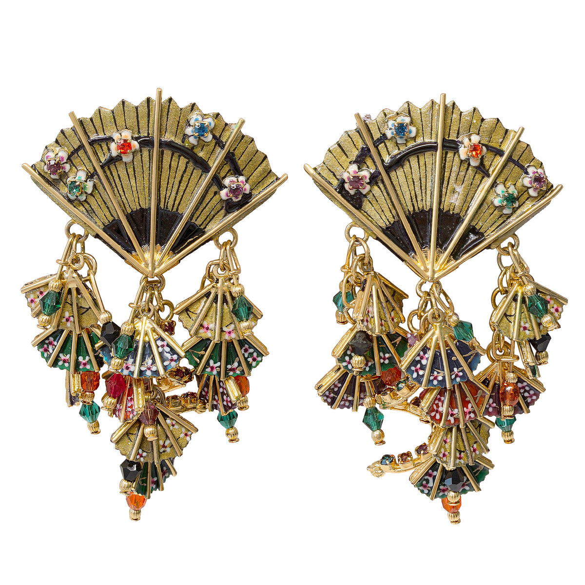 Vintage Lunch at The Ritz Fan Dance Earrings Dangling Enamel Crystal Statement