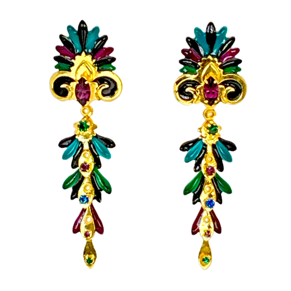 Lunch at The Ritz Art Nouveau Peacock Inspired Plume Post Earring 22k Gold Plate