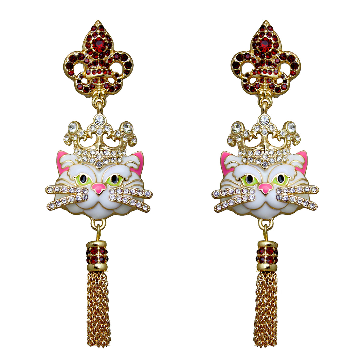 Ritzy Couture Princess Kitty Royal Crown White Cat Enamel Tassel Earrings-Goldtone