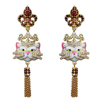 Ritzy Couture Princess Kitty Royal Crown White Cat Enamel Tassel Earrings-Goldtone