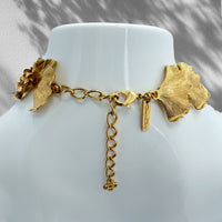 Oscar de la Renta 22K Gold Plated Pewter Brass Ginkgo Leaf Statement Necklace