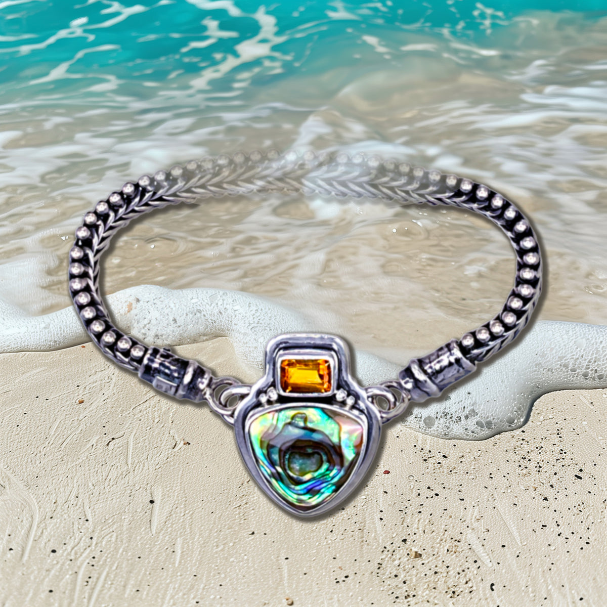 Tabra 925 Silver New Zealand Abalone & Citrine Qartz Connector Charm OOK627