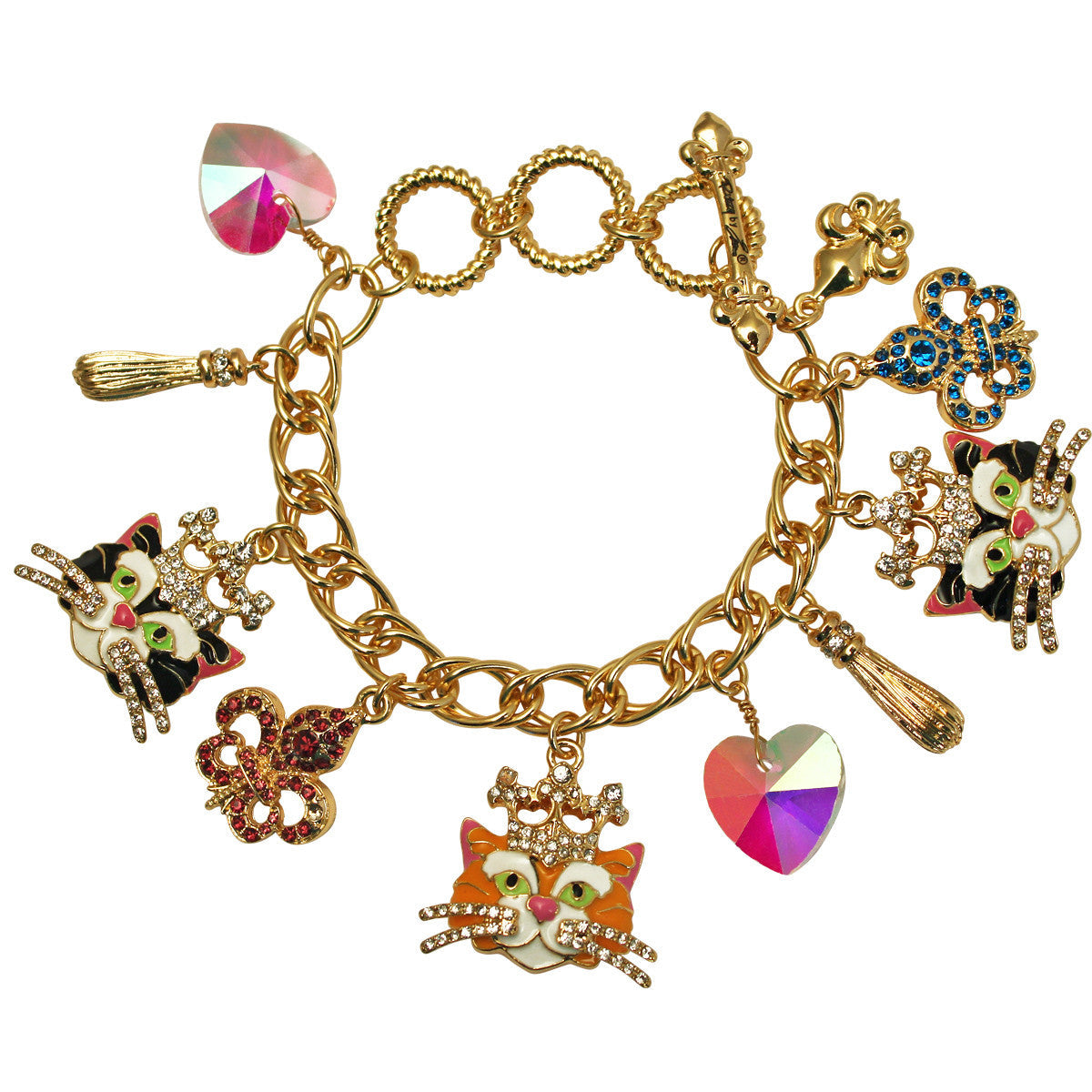 Ritzy Couture Princess Kitty Cat Multi Charm Adjustable Toggle Bracelet Goldtone