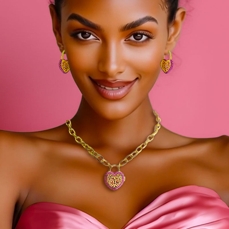 Fuchsia -Locket Full of Love- Valentine Necklace by Ritzy Couture DeLuxe -18k Gold Plating