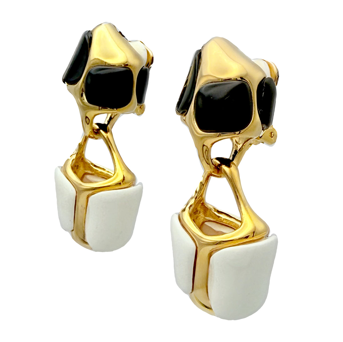 Kenneth Jay Lane Black White Enamel 22k Gold Plate Abstract Dangle Clip Earrings