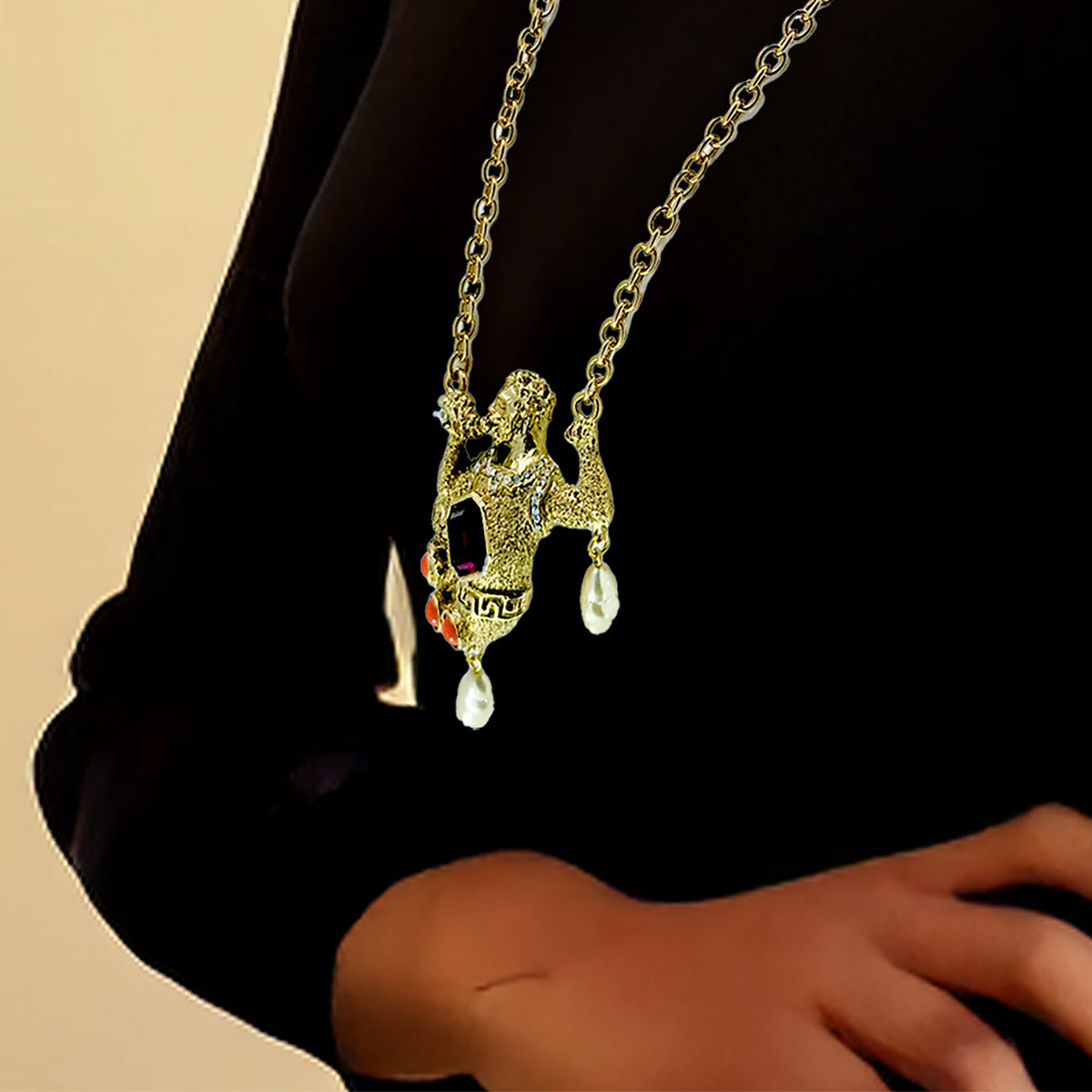 Kenneth Jay Lane Antique Gold Plate Swarovski Crystal Merman Mythology Necklace