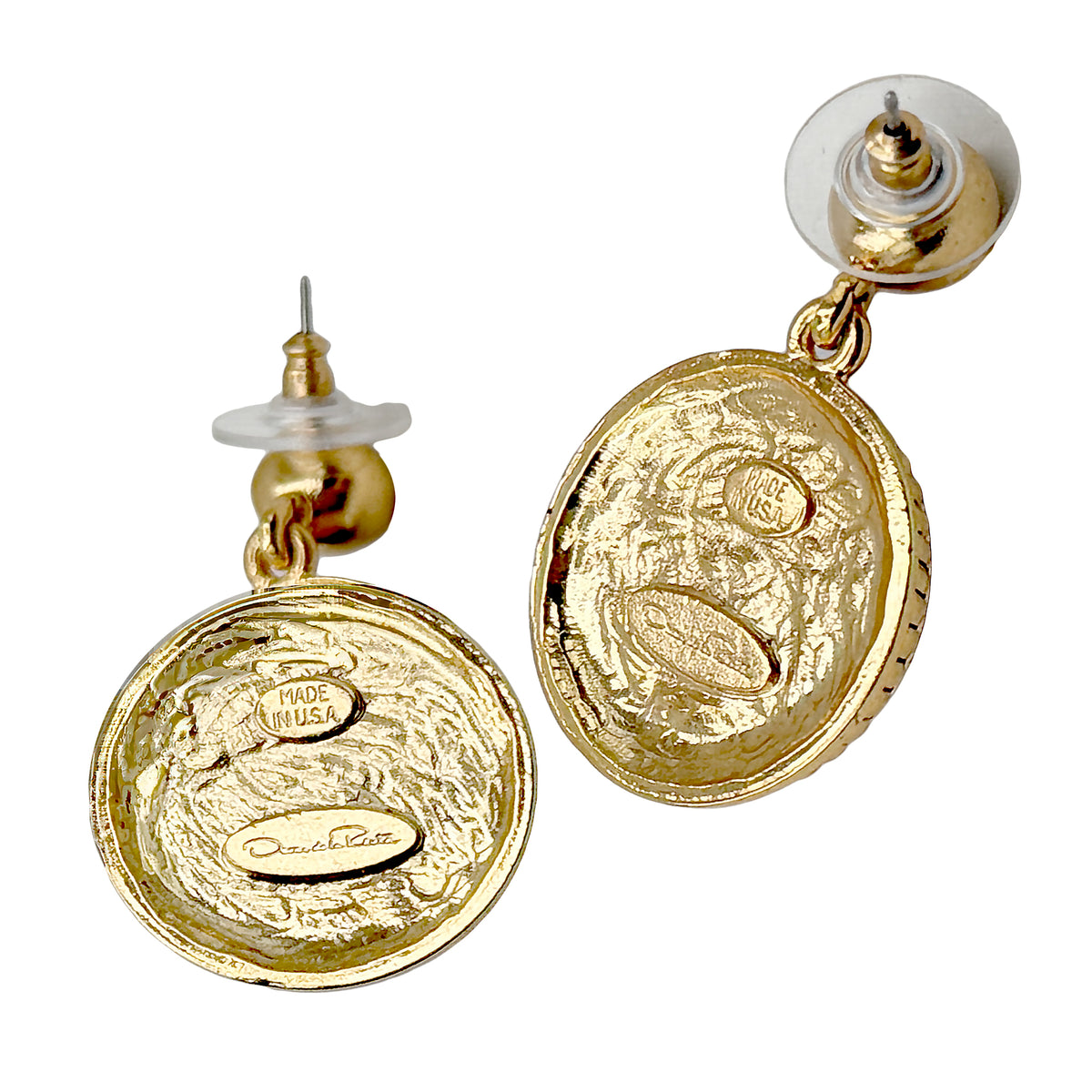 Oscar De La Renta Luxury Gold Plate Jade Tortoise Designer Drop Earrings Vintage