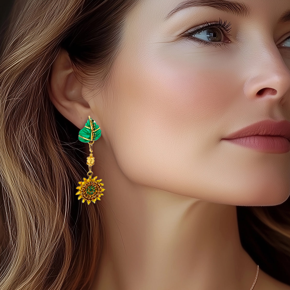 Lunch at The Ritz Crystal Sunflower Dangle Drop Post Earrings -22k Gold Plated