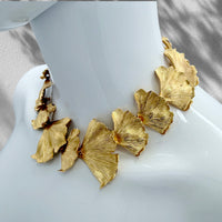 Oscar de la Renta 22K Gold Plated Pewter Brass Ginkgo Leaf Statement Necklace