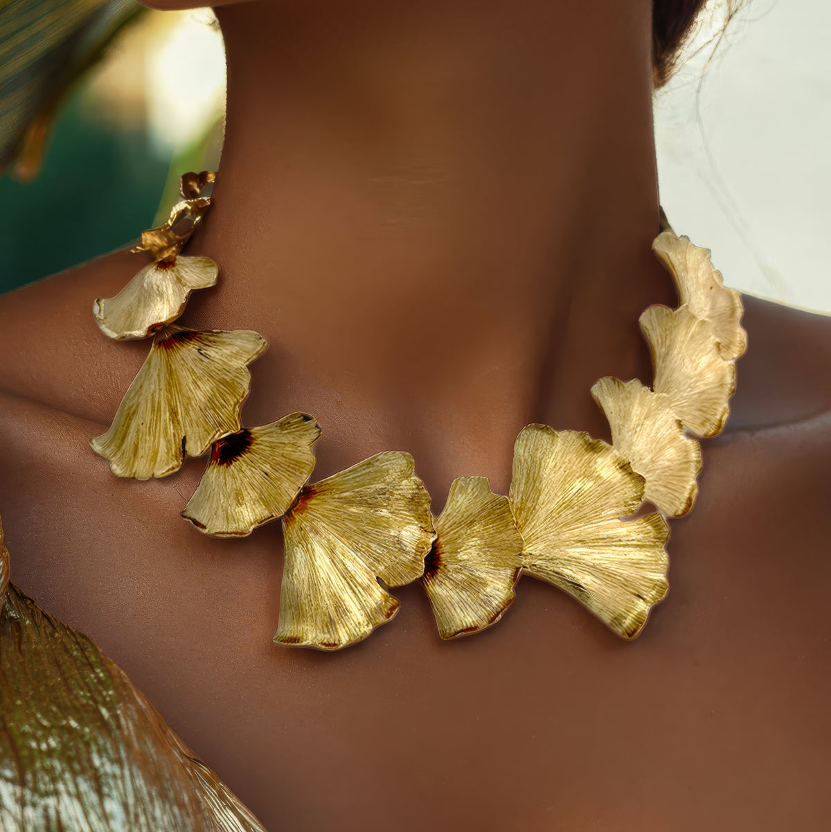 Oscar de la Renta 22K Gold Plated Pewter Brass Ginkgo Leaf Statement Necklace