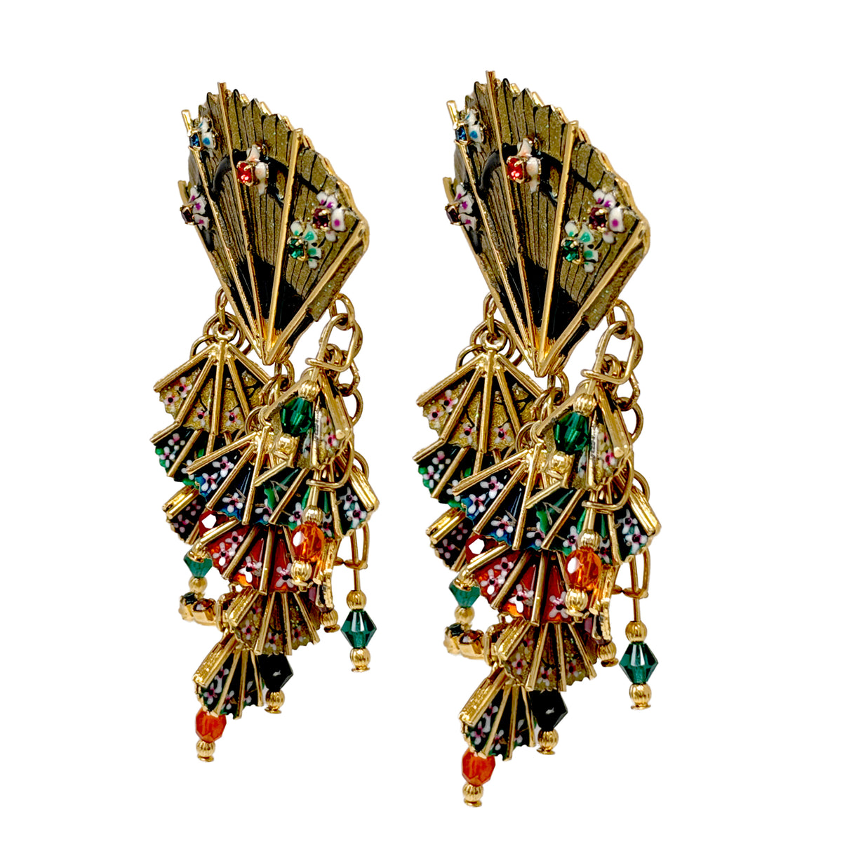 Vintage Lunch at The Ritz Fan Dance Earrings Dangling Enamel Crystal Statement