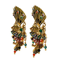 Vintage Lunch at The Ritz Fan Dance Earrings Dangling Enamel Crystal Statement