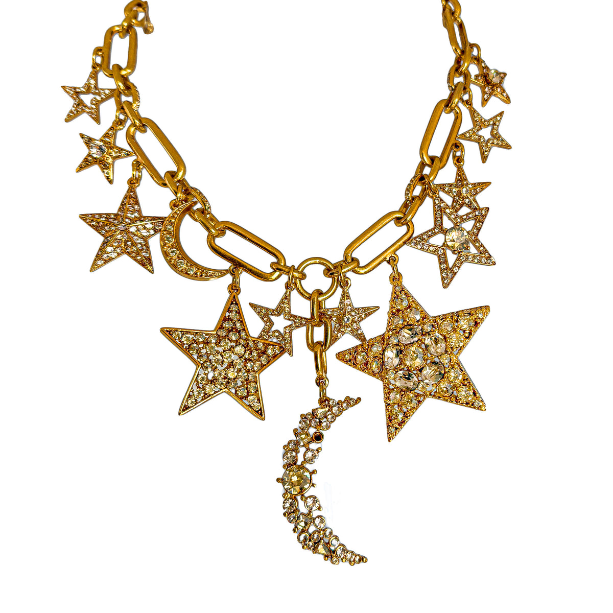 Oscar De La Renta Gold Crystal Star And Moon Celestial Charm Statement Necklace