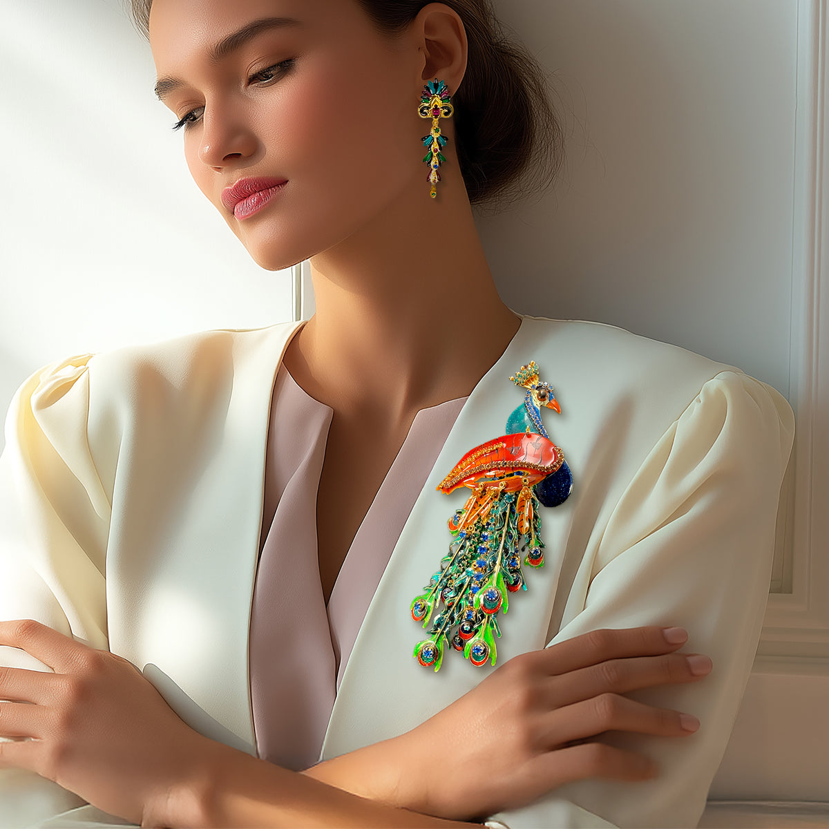 Lunch at The Ritz, Rare Handcrafted Peacock Pin Brooch Pendant with Crystals