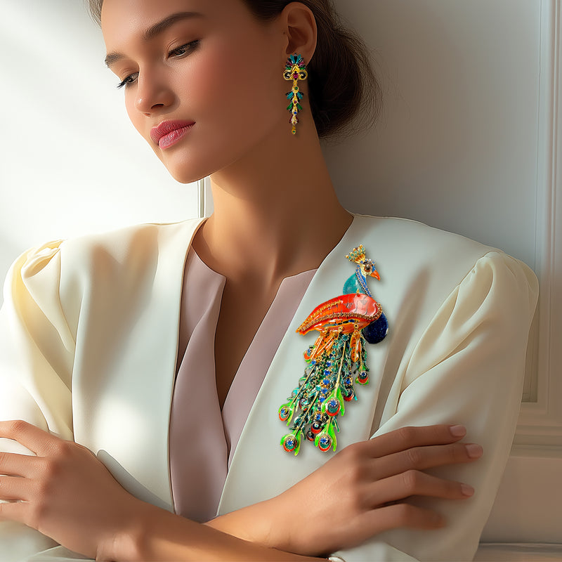 Lunch at The Ritz, Rare Handcrafted Peacock Pin Brooch Pendant with Crystals