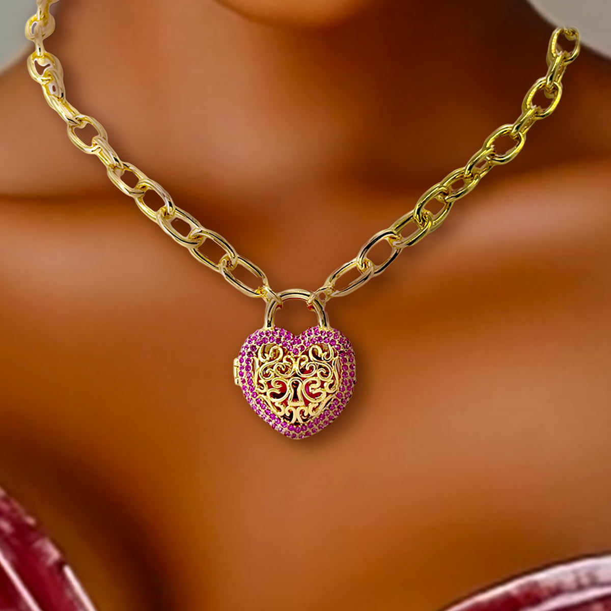 Fuchsia -Locket Full of Love- Valentine Necklace by Ritzy Couture DeLuxe -18k Gold Plating