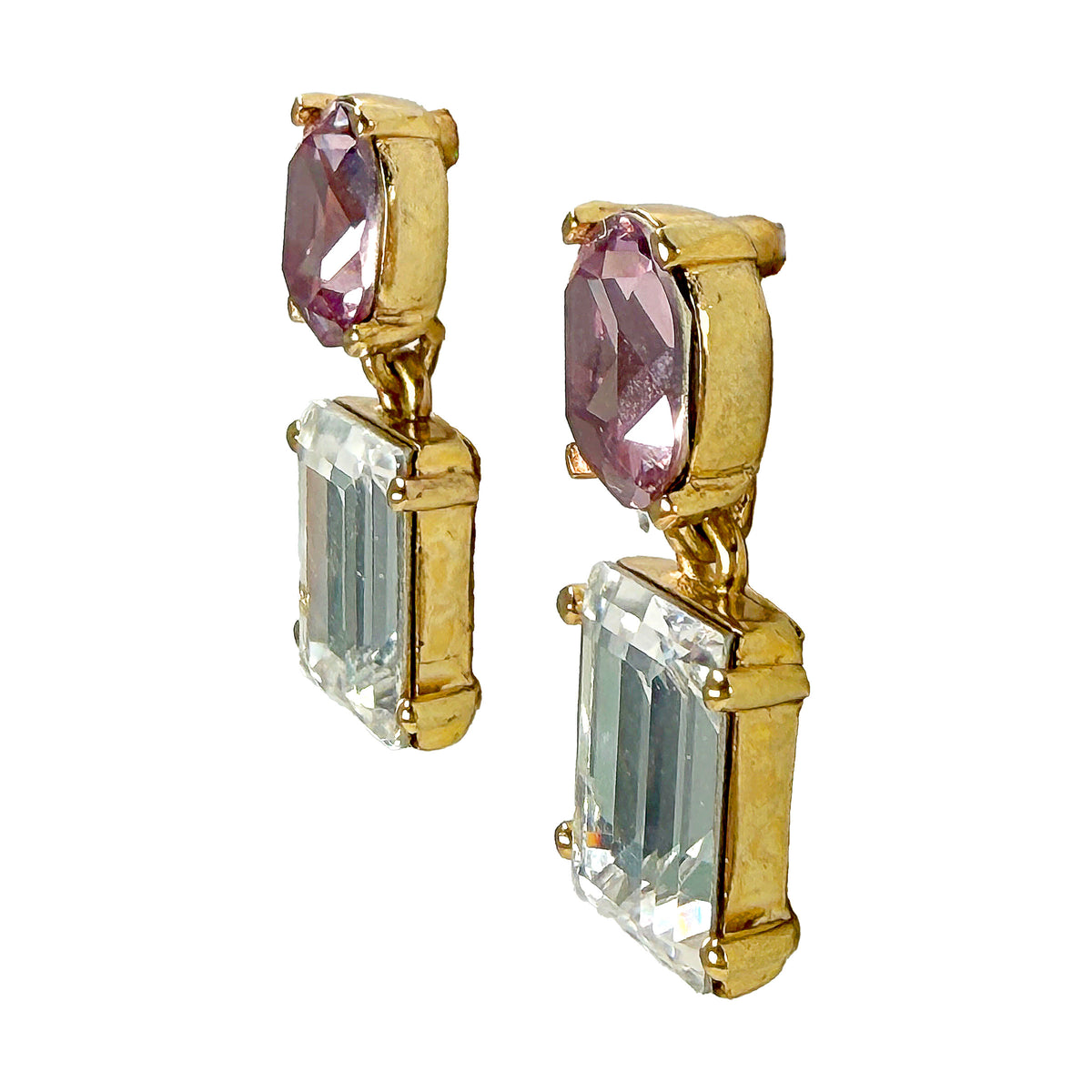 Oscar de la Renta Gold Plated Light Amethyst Crystal Rectangle Drop Post Earrings