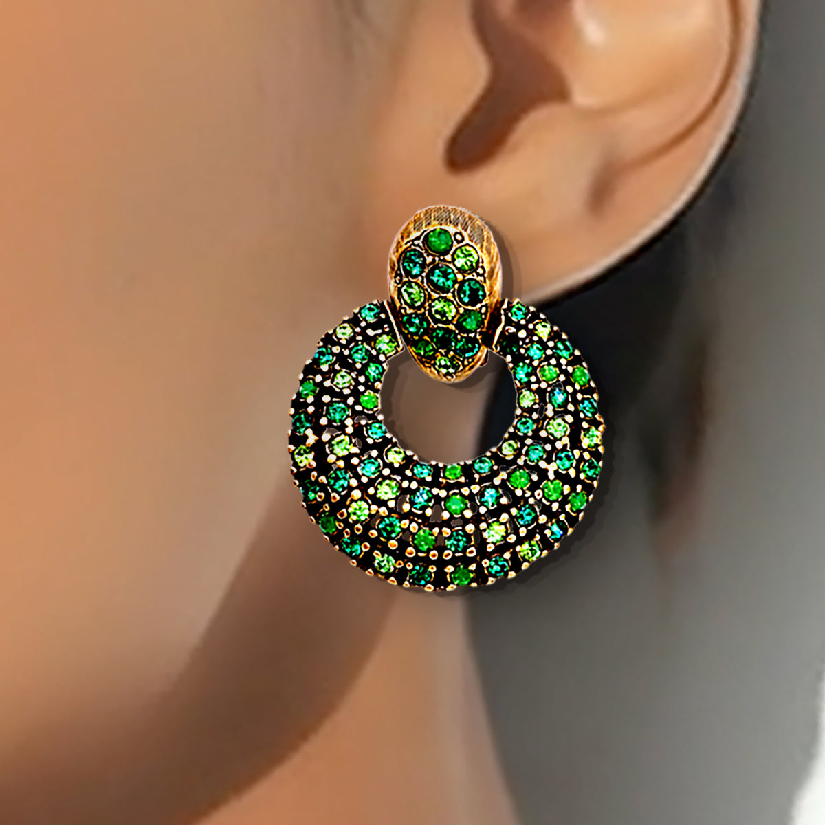 Oscar De La Renta Emerald Green Gold Swarovski Crystals Doorknocker Clip Hoops