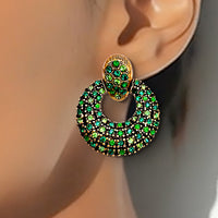 Oscar De La Renta Emerald Green Gold Swarovski Crystals Doorknocker Clip Hoops