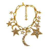 Oscar De La Renta Gold Crystal Star And Moon Celestial Charm Statement Necklace