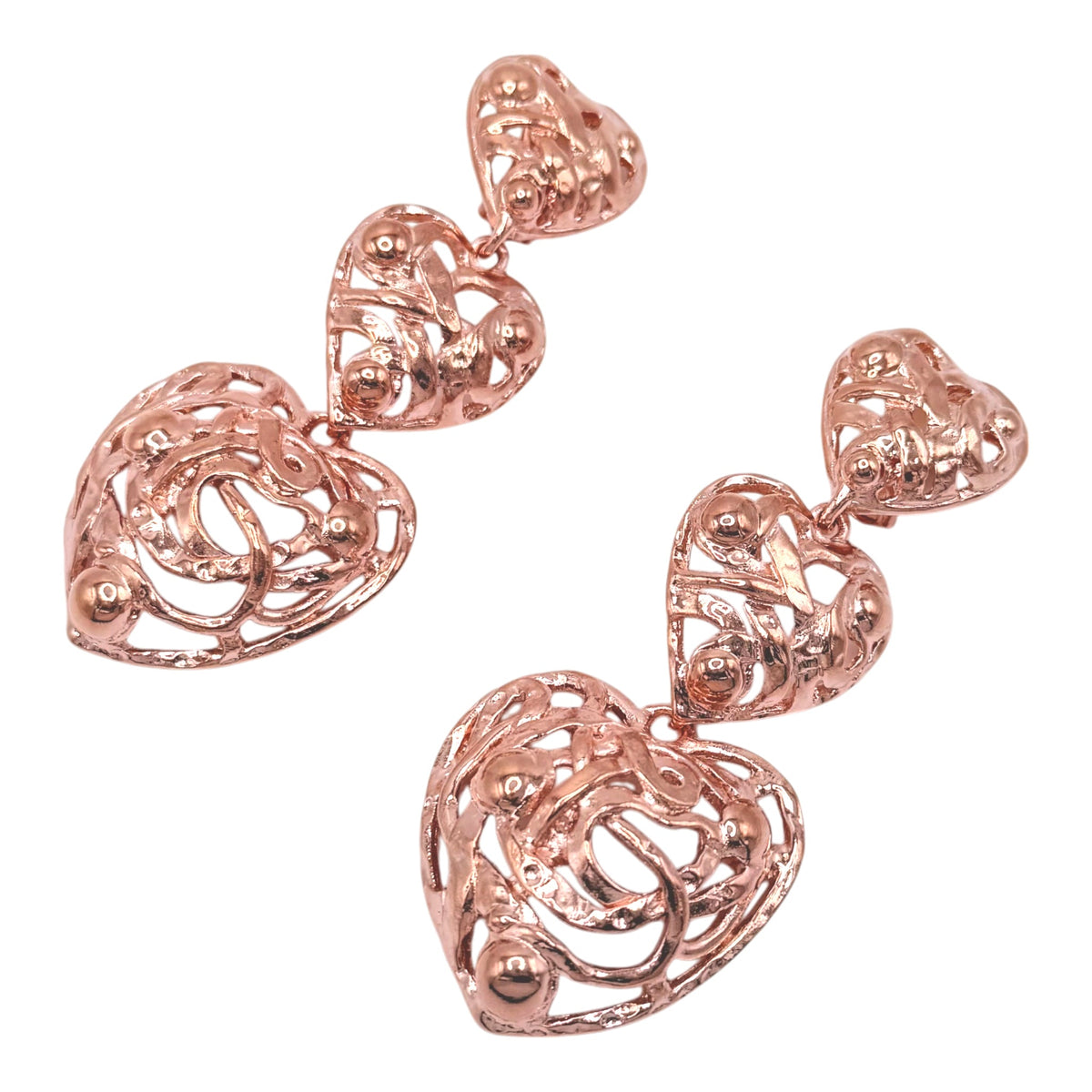 Oscar de la Renta Rose Gold Plated Filigree Triple Heart Statement Clip Earrings