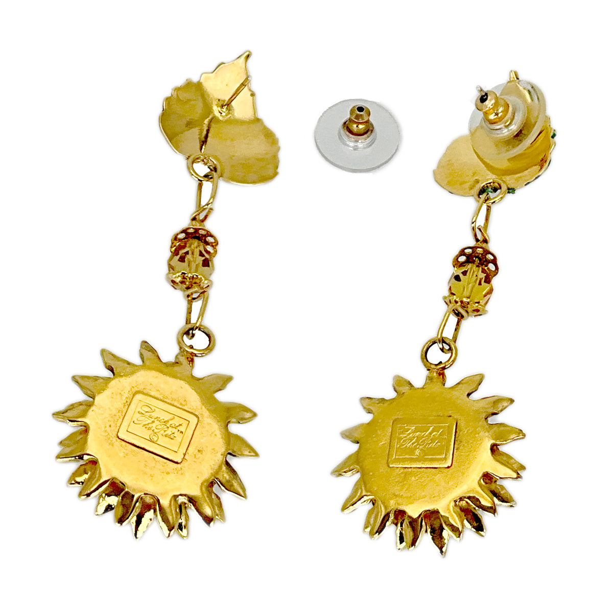 Lunch at The Ritz Crystal Sunflower Dangle Drop Post Earrings -22k Gold Plated