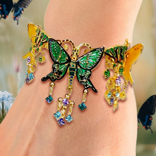 Lunch at The Ritz Emerald Monarch Butterfly Bracelet Crystal 22k Gold Plated