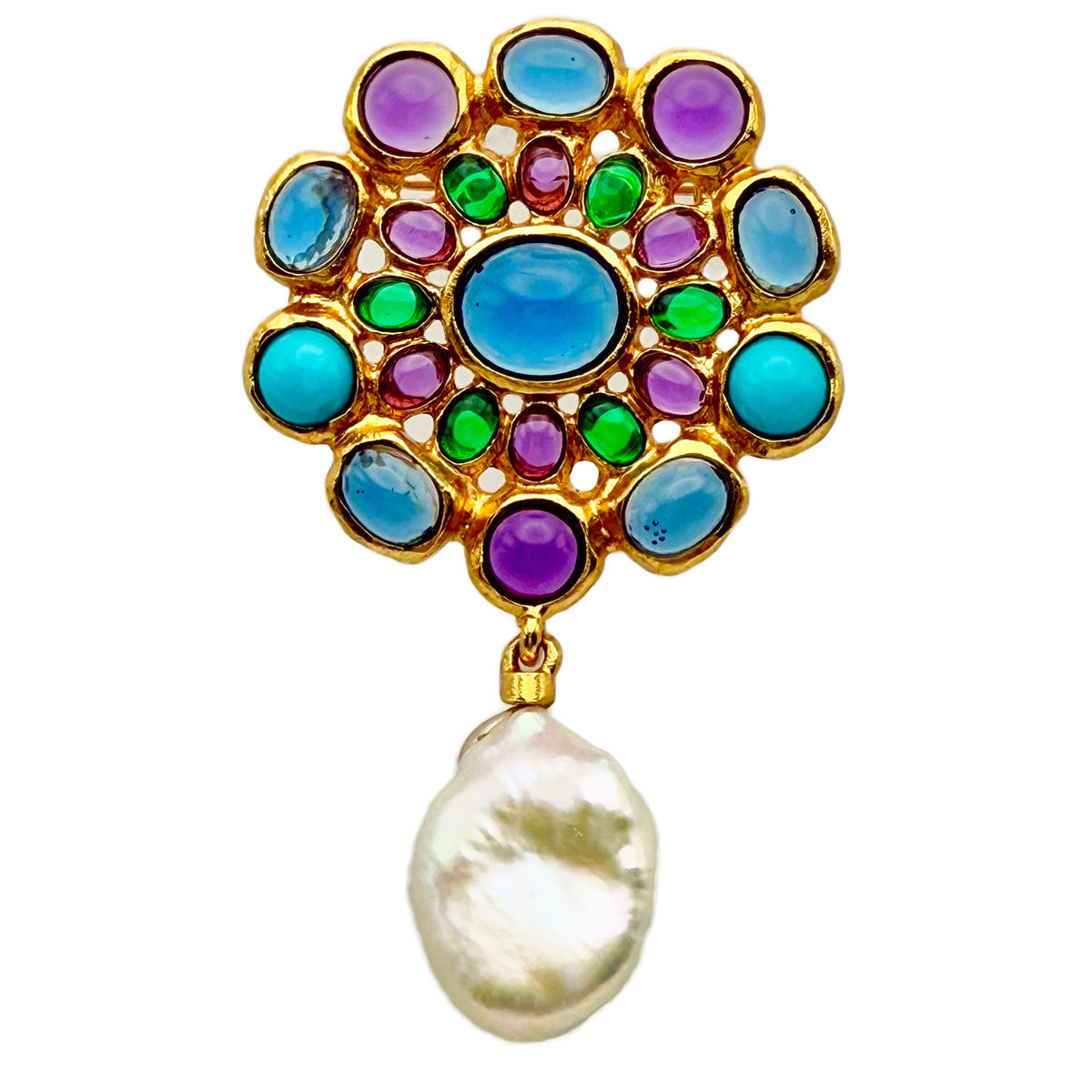 Oscar de la Renta Mandala Cabochon Brooch Gold-Plated Baroque Pearl Resin Glass