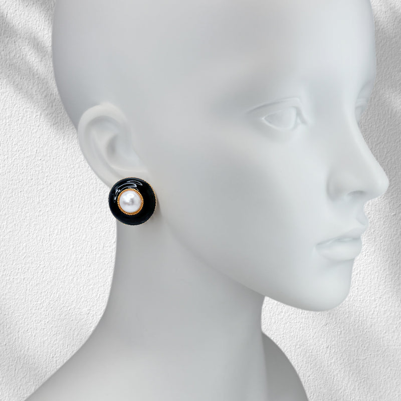 Kenneth Jay Lane 22K Gold Black Enamel Pearl Cabochon Button Clip-On Earrings