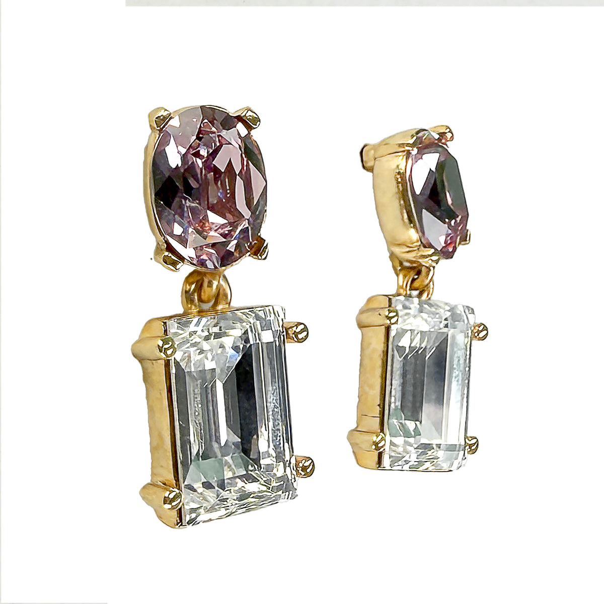 Oscar de la Renta Gold Plated Light Amethyst Crystal Rectangle Drop Post Earrings