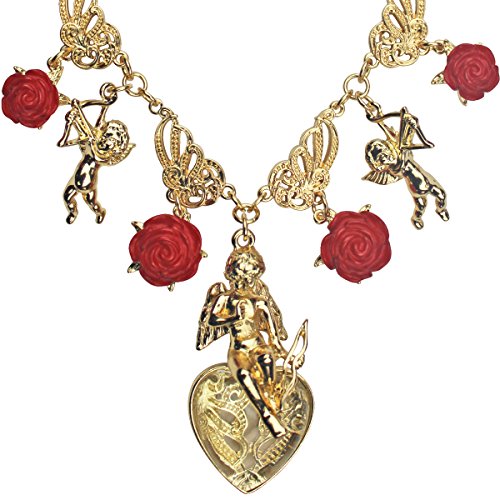 Ritzy Couture Valentine Cupid Heart Red Multi Charm Pendant Necklace 18" Goldtone