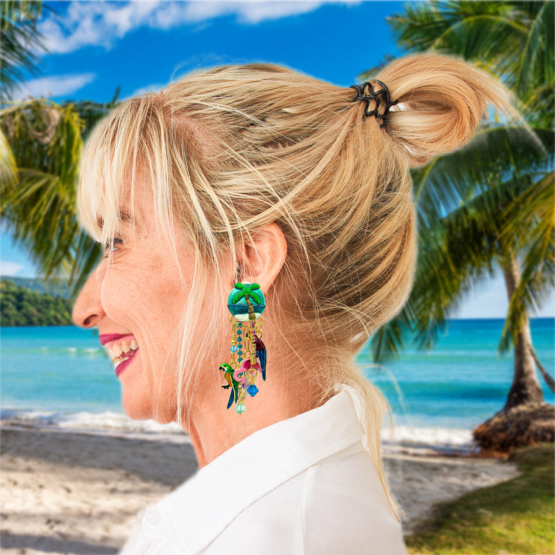 Lunch at The Ritz Hawaiin Shirt Palm Parrot Paradise Clip Earrlings 22k Gold Plated