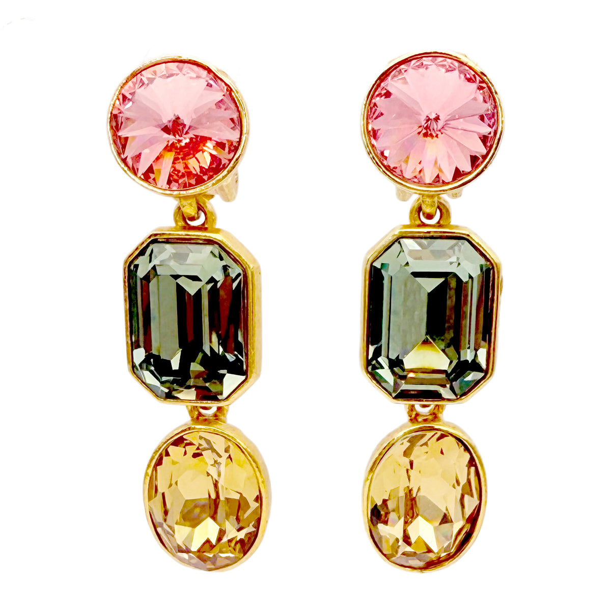 Oscar de la Renta Austrian Crystal Three-Tier Drop Statement Clip Earrings