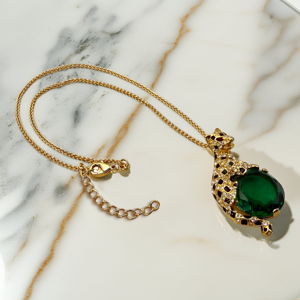 Kenneth Jay Lane Gold Swarovski Crystal Emerald Leopard Pendant Necklace
