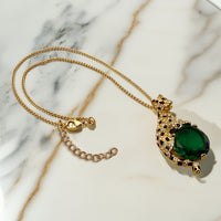 Kenneth Jay Lane Gold Swarovski Crystal Emerald Leopard Pendant Necklace