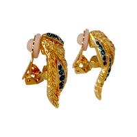 Kenneth Jay Lane Triple Leaf Emerald Crystal Clip-On Earrings 22K Gold-Plated