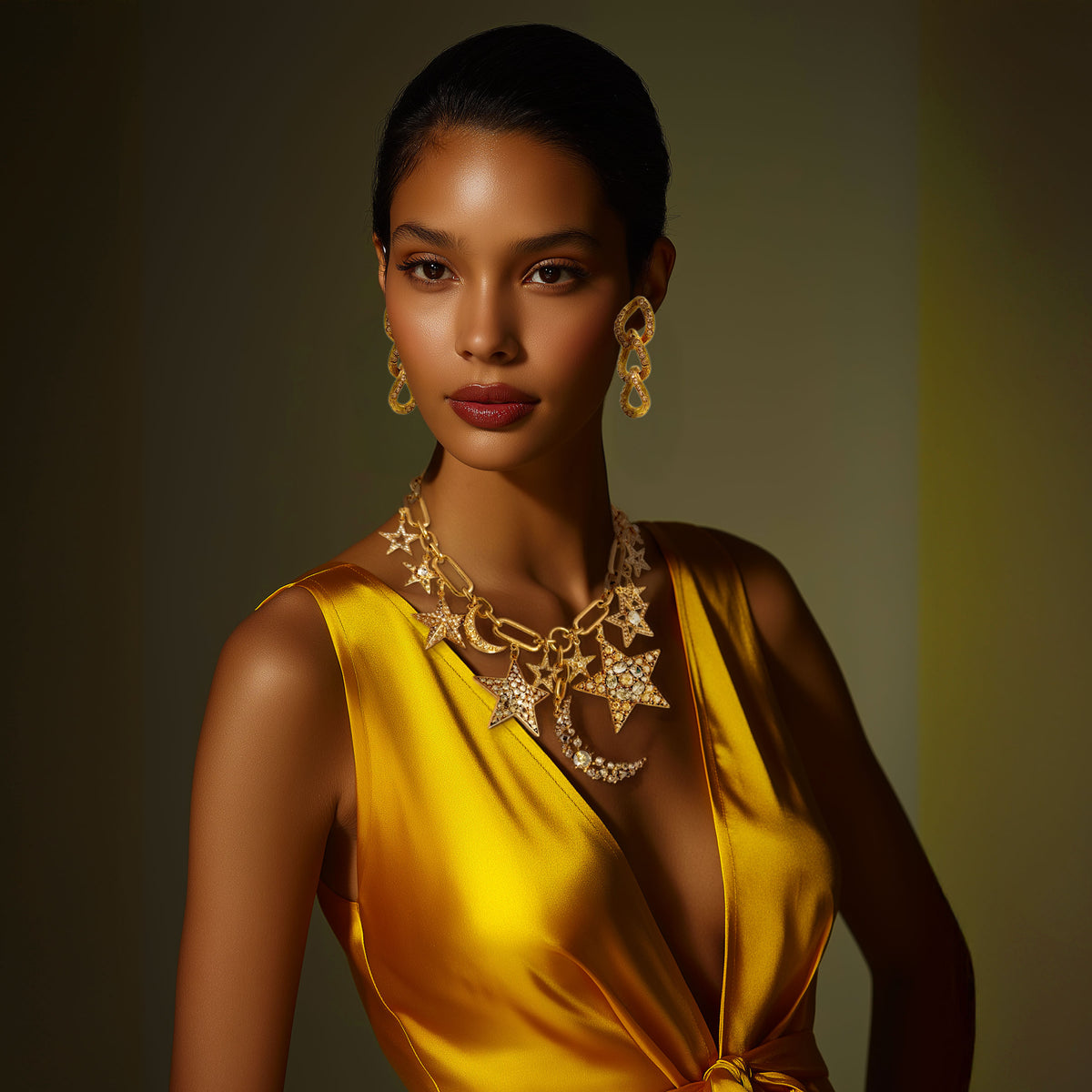 Oscar De La Renta Gold Crystal Star And Moon Celestial Charm Statement Necklace