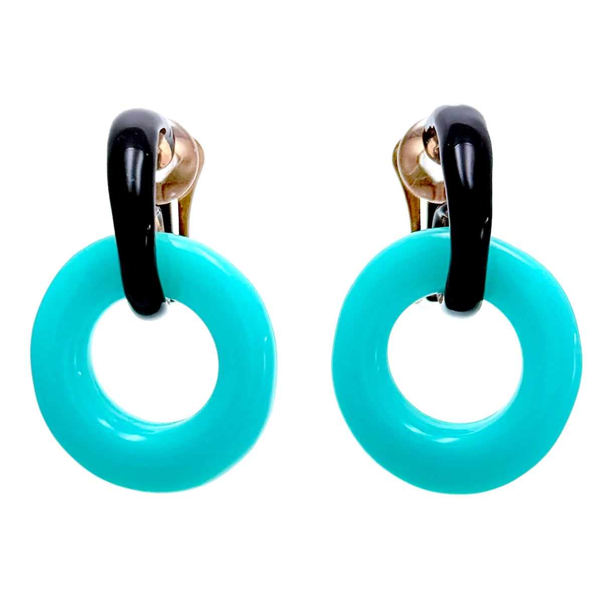 Oscar de la Renta Turquoise Resin Hoop Earrings Black Accent Gold Clip-On Rare