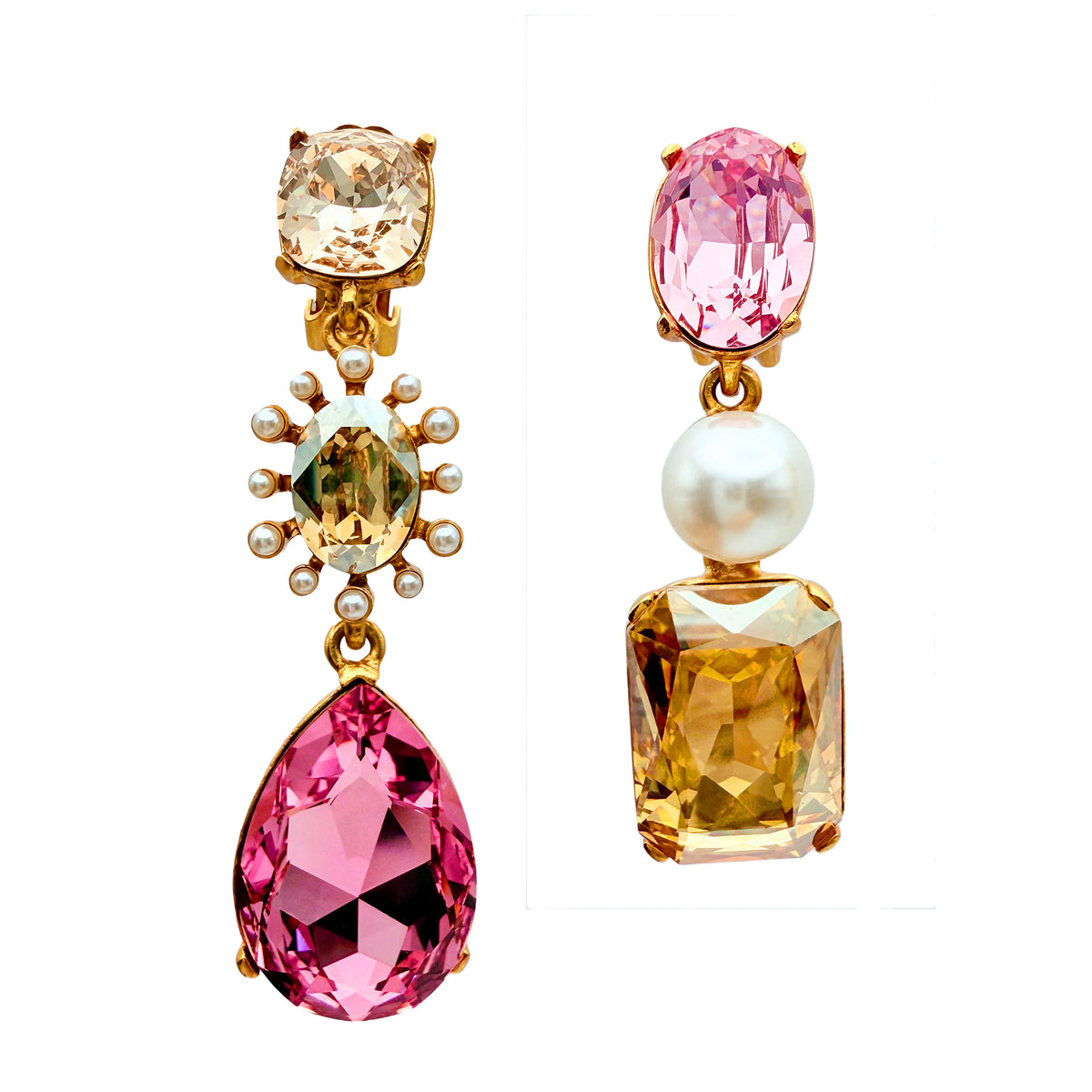 Close-up of Oscar de la Renta asymmetrical clip-on earrings featuring rose and light rose Austrian crystals with pearl accents, set in antique gold plating