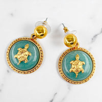 Oscar De La Renta Luxury Gold Plate Jade Tortoise Designer Drop Earrings Vintage
