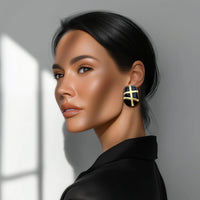 Kenneth Jay Lane 22k Gold Plated Black Resin Clip Earrings with Cross Band Motif
