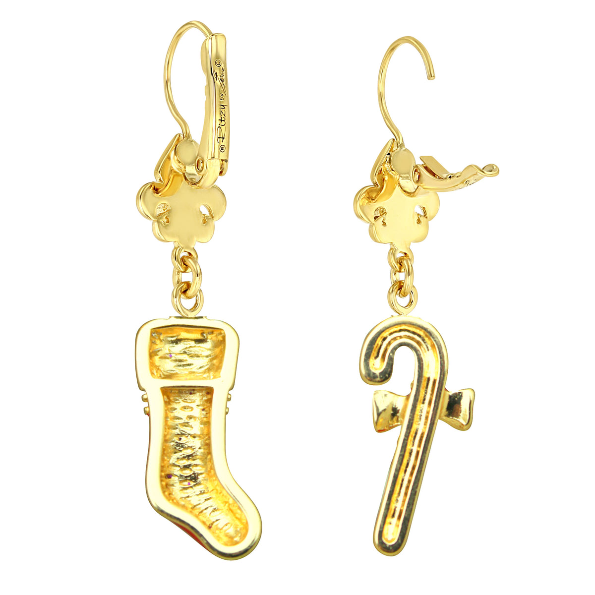 Candy Cane Christmas Stockings  Leverback Earrings Ritzy Couture DeLuxe 22k Gold Plated