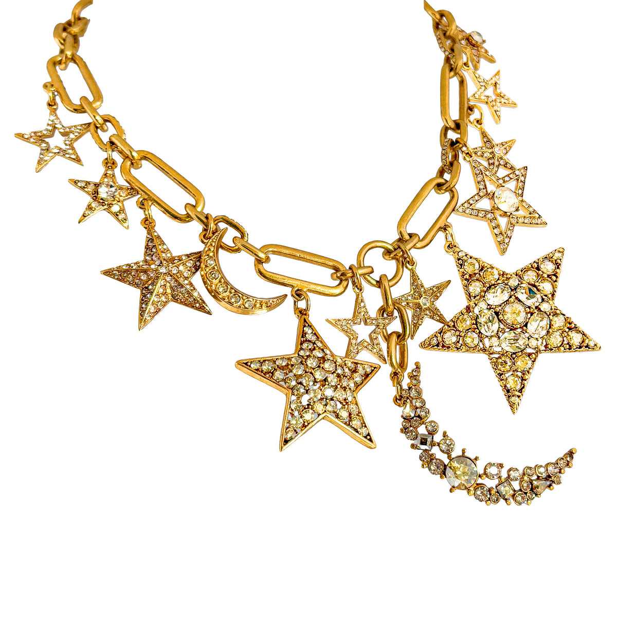 Oscar De La Renta Gold Crystal Star And Moon Celestial Charm Statement Necklace