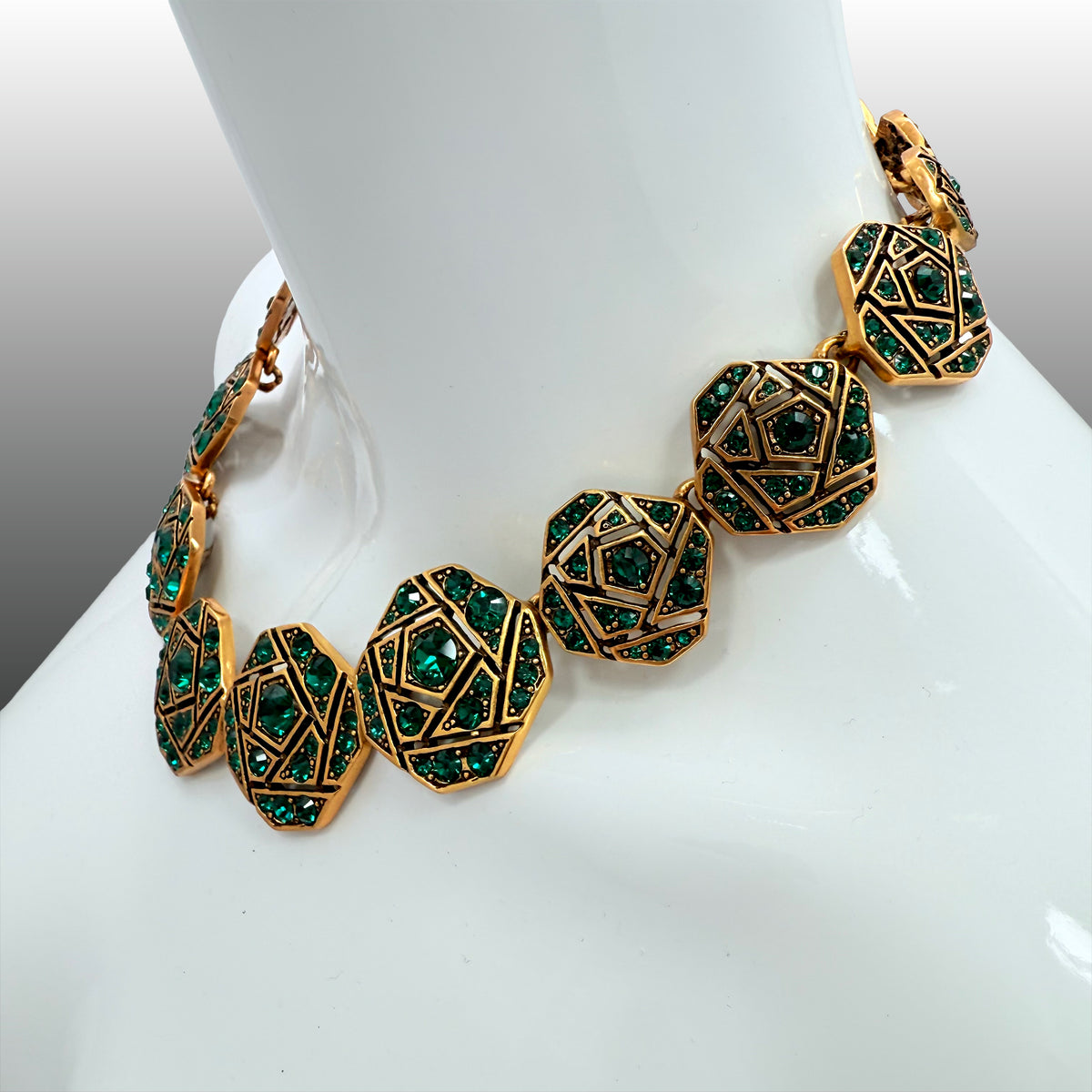 Oscar de la Renta Antique Gold Mosaic Necklace with Emerald Crystals, 17 Inches