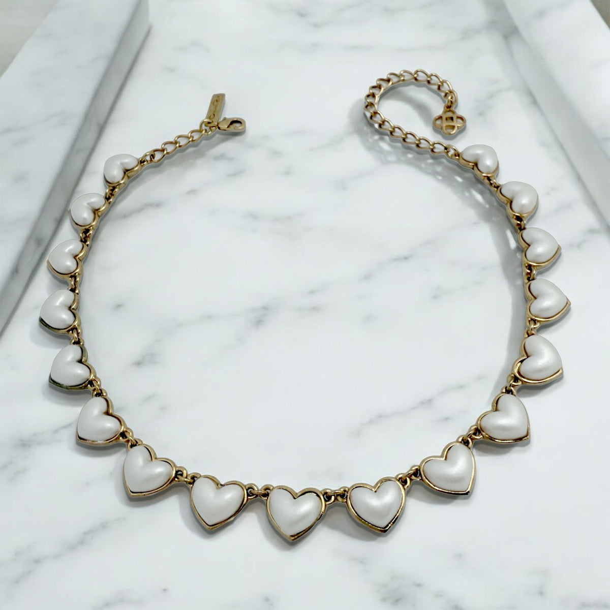 Oscar de la Renta Faux Pearl Romantic Heart Choker Necklace in 22k Antique Gold