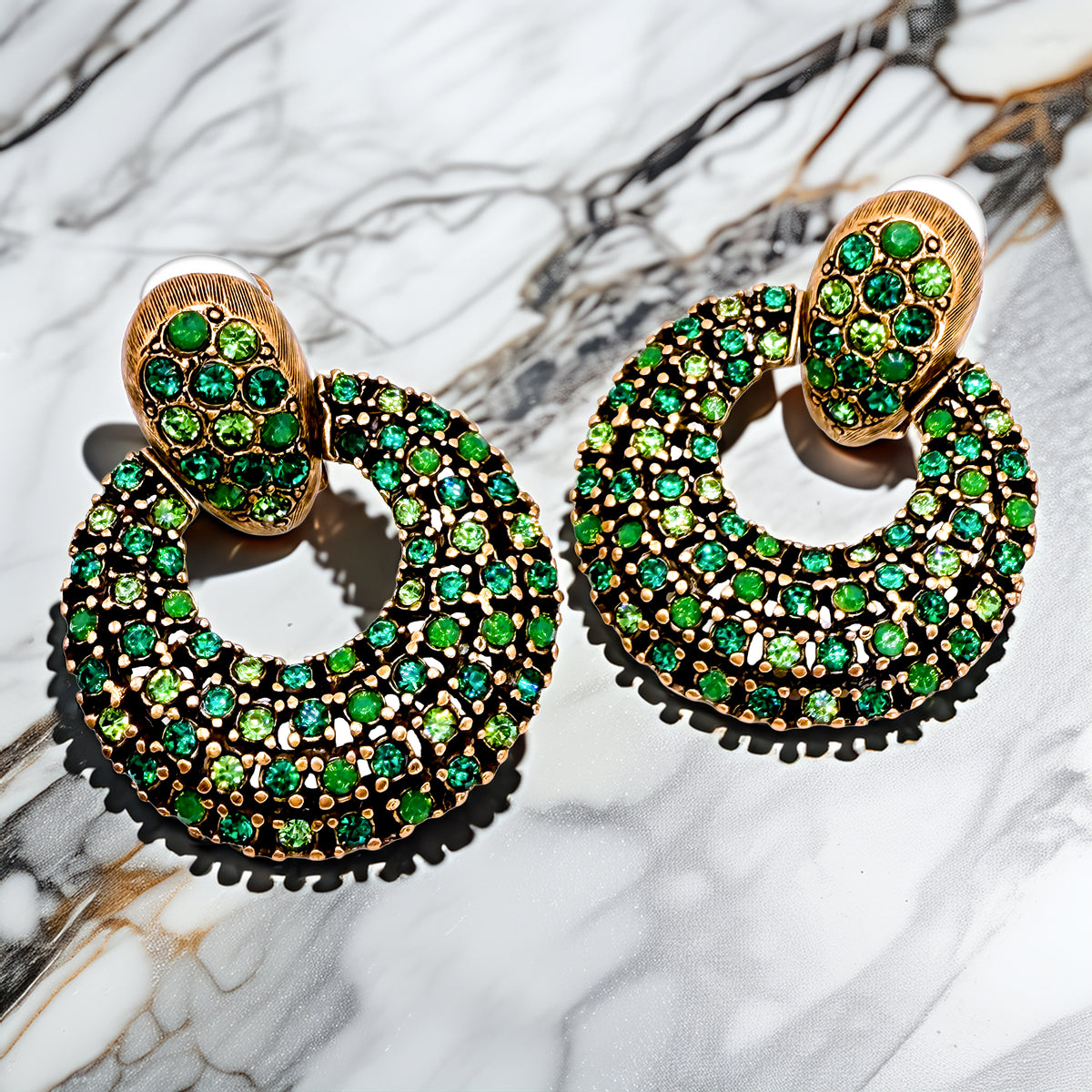 Oscar De La Renta Emerald Green Gold Swarovski Crystals Doorknocker Clip Hoops
